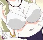  animated animated_gif bouncing_breasts bra breasts fingernails green_hair jewelry large_breasts lingerie lowres navel_piercing necklace panties piercing resort_boin ring shinjou_kanae solo underwear 