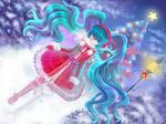  aqua_eyes aqua_hair belt boots christmas christmas_tree coat earmuffs fatherland2009 hatsune_miku long_hair mittens solo twintails very_long_hair vocaloid wavy_hair 