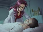  1boy 1girl artist_request bed bed_sheet bedsheets bent_over breasts brown_hair character_request cleavage dark doctor female glasses green_eyes hospital hospital_bed labcoat large_breasts leaning_over long_hair male medical mortuary patient purple_hair sameda_koban semi-rimless_glasses shitai_wo_arau short_hair source_request tsuyusaki_chigusa under-rim_glasses uniform 