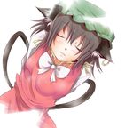  animal_ears bad_id bad_pixiv_id black_hair blush bow bowtie cat_ears chen closed_eyes earrings hat jewelry lowres shuga_(soranote) solo touhou 