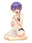  barefoot blush bra embarrassed feet lingerie mhr open_mouth panties persona persona_4 purple_hair shirogane_naoto short_hair solo surprised towel underwear underwear_only 