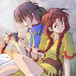  1girl arm_support bandana braid brown_hair commentary_request dress fish food gensou_suikoden gensou_suikoden_i gensou_suikoden_ii hair_over_shoulder hair_tousle hix knee_up long_hair lowres red_eyes red_hair sakai_yume short_hair side-by-side sitting tengaar_(suikoden) twin_braids 