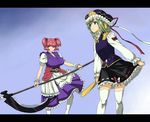  alternate_weapon bad_id bad_pixiv_id blue_eyes breasts green_hair hair_bobbles hair_ornament hat hisakawa_riho huge_breasts letterboxed multiple_girls onozuka_komachi red_eyes red_hair rod_of_remorse scythe shiki_eiki short_hair thighhighs touhou two_side_up weapon 