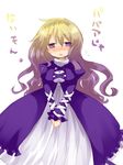  blonde_hair blush dress gradient_hair hands_together hijiri_byakuren long_hair mikan_(ama_no_hakoniwa) multicolored_hair open_mouth own_hands_together purple_eyes purple_hair solo touhou translated v_arms 