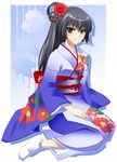  aoi_shiro black_hair camellia floral_print flower hair_bobbles hair_flower hair_ornament japanese_clothes kimono ponytail sakurai_ayashiro shiboru sitting smile socks solo tabi yellow_eyes 