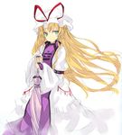  blonde_hair bridal_gauntlets closed_umbrella graphite_(medium) green_eyes hat long_hair mixed_media nabeshima_tetsuhiro sketch smile solo tabard touhou traditional_media umbrella wide_sleeves yakumo_yukari 