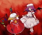  bat_wings blood fangs fgz flandre_scarlet hat laevatein multiple_girls one_eye_closed red_eyes remilia_scarlet siblings sisters touhou wings 