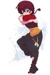  apple-boy barefoot blue_eyes braid chinese_clothes feet full_body genderswap genderswap_(mtf) male_underwear ranma-chan ranma_1/2 red_hair saotome_ranma single_braid solo tangzhuang underwear undressing 