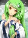  adjusting_hair bare_shoulders bow detached_sleeves frog green_hair hair_bow hair_ornament kochiya_sanae long_hair retei smile solo touhou wide_sleeves yellow_eyes 