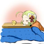  ahoge cup drill_hair drooling green_hair hair_ornament kanaria kotatsu mug rozen_maiden saliva shiro-inu sleeping solo table twin_drills twintails 