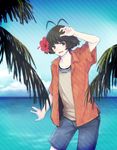  akizuki_ryou androgynous antenna_hair brown_hair casual cloud day flower hair_flower hair_ornament hibiscus highres idolmaster idolmaster_dearly_stars male_focus nogoodlife outdoors sky solo tree water 