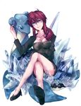  blue_eyes breasts cleavage collarbone crossed_legs elite_four gen_1_pokemon glasses high_heels ice jacket kanna_(pokemon) lapras large_breasts legs lips mirrrrr pokemon pokemon_(creature) ponytail red_hair shoes sitting skirt 