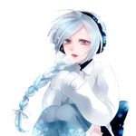  braid breath coat earmuffs gojoe hair_ribbon long_hair ponytail ribbon sekka_yufu silver_eyes silver_hair simple_background snow solo thighhighs utau 