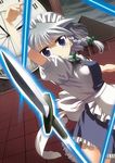  aro bad_id bad_pixiv_id blue_eyes braid hairband izayoi_sakuya knife maid ribbon short_hair silver_hair solo touhou twin_braids 