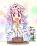  food hair_ribbon hands hat iei kamishirasawa_keine konpaku_youmu multiple_girls pink_hair ribbon saigyouji_yuyuko silver_hair steak tonosama touhou 