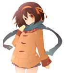  brown_hair coat hair_ribbon kinokosuke miniskirt mittens ribbon scarf short_hair skirt solo suzumiya_haruhi suzumiya_haruhi_no_yuuutsu winter_clothes winter_coat 