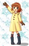  argyle backpack bag boots brown_hair chunpai hairband kanon mittens red_eyes short_hair solo tsukimiya_ayu waving wings 