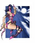  ass bracelet breasts hair_over_one_eye headband heels high_heels jewelry long_hair looking_back mask mileena moon mortal_kombat sai_(weapon) shoes sideboob thigh-highs thighhighs weapon 