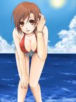  bent_over bracelet breasts brown_eyes brown_hair cleavage cloud day denim denim_shorts highres jewelry kurota large_breasts leaning_forward looking_at_viewer meiko nail_polish ocean open_mouth outdoors red_nails short_hair shorts sky solo sun vocaloid water 
