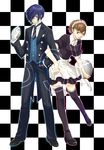  1girl brown_hair checkered checkered_background colorized female_protagonist_(persona_3) formal glasses highres magi12 maid persona persona_3 persona_3_portable short_hair skirt smile suit thighhighs yuuki_makoto 
