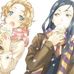  baozi coat copyright_request food forehead lowres multiple_girls sakamoto_atsumu scarf snow winter_clothes 