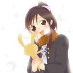  bad_id bad_pixiv_id brown_eyes brown_hair coat love_plus ponytail scarf school_uniform serafuku snow solo stuffed_animal stuffed_bunny stuffed_toy takane_manaka taranchura 