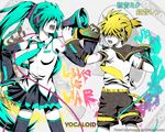  1girl akayashi blonde_hair detached_sleeves green_hair hair_over_eyes hatsune_miku headphones kagamine_len koi_wa_sensou_(vocaloid) long_hair megaphone music necktie open_mouth pleated_skirt short_hair shorts singing skirt thighhighs twintails vocaloid zettai_ryouiki 