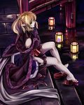  alternate_hairstyle bare_shoulders blonde_hair feet fullerene geta green_eyes highres mizuhashi_parsee open_clothes pointy_ears sandals short_hair sleeveless solo touhou 