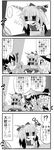  4koma bound braid chair choborau_nyopomi comic detached_sleeves greyscale hakurei_reimu hat highres horns ibuki_suika kirisame_marisa light messy_hair monochrome multiple_girls puffy_sleeves sleeveless tied_up torture touhou translated turn_pale witch_hat 