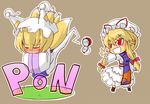  blonde_hair blush bow chibi fox_tail hair_bow hands_in_opposite_sleeves hat hat_ribbon long_hair multiple_girls multiple_tails open_poke_ball parody poke_ball pokemon red_eyes ribbon short_hair simple_background sleeping tail throwing_poke_ball touhou yakumo_ran yakumo_yukari yin_yang yunari 