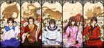  4boys axis_powers_hetalia bad_id bad_pixiv_id bird brown_eyes brown_hair changpao china_(hetalia) chinese_clothes dragon erhu flower flute hair_flower hair_ornament hanbok highres hong_kong_(hetalia) instrument japan_(hetalia) japanese_clothes kanameyura korea_(hetalia) korean_clothes long_hair multiple_boys phoenix plum_blossoms qilin_(mythology) sayagata taiwan_(hetalia) tiger 