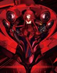  amplifier bodysuit crossed_legs cyborg dj highres mecha mixing_console original phonograph red red_eyes red_hair redjuice sitting solo turntable 