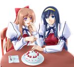  blonde_hair blue_eyes blue_hair blush cake fervent_idiot food himemiya_chikane kannazuki_no_miko kurusugawa_himeko long_hair multiple_girls purple_eyes school_uniform smile yuri 