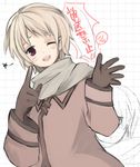  ;d artist_request axis_powers_hetalia blonde_hair blush brown_gloves coat gloves long_sleeves male_focus one_eye_closed open_mouth red_eyes russia_(hetalia) scarf smile solo tareme translation_request 