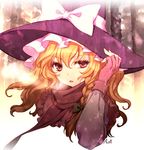  an2a blonde_hair bow braid breath fingerless_gloves gloves hair_bow hand_on_headwear hat kirisame_marisa lowres open_mouth raised_eyebrow red_eyes ribbon scarf solo touhou uneven_eyes upper_body wavy_hair witch_hat 