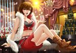  alcohol boots bottle bra breasts brown_eyes brown_hair cleavage feather_boa fringe_trim glass hamura_mayu lingerie medium_breasts meiko midriff short_hair sitting solo underwear vocaloid wine 