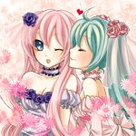  ahoge bare_shoulders blue_eyes blue_hair blush breasts choker cleavage dress flower hatsune_miku heart large_breasts long_hair megurine_luka multiple_girls one_eye_closed pink_hair rose vocaloid wedding_dress wife_and_wife yayoi_(egoistic_realism) yuri 