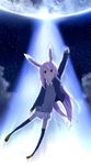  animal_ears bad_id bad_pixiv_id black_legwear bow bunny_ears cloud full_moon glowing hair_bow jacket legs long_hair moon necktie night night_sky open_mouth outstretched_hand purple_hair red_eyes reisen_udongein_inaba saitou_yuu shirt shoes skirt sky solo thighhighs touhou white_shirt 