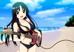  akiyama_mio bass_guitar beach bikini black_eyes black_hair day hands instrument k-on! long_hair outdoors solo soshina_nohito swimsuit 