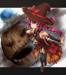  blue_eyes boots detached_sleeves garters halloween hat jack-o'-lantern original pirano pumpkin red_hair solo thighhighs twintails witch witch_hat zettai_ryouiki 