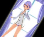  androgynous curtains dutch_angle embarrassed lavender_hair lila_(pokemon) no_pants panties pokemon pokemon_(game) pokemon_emerald pokemon_rse purple_eyes purple_panties reverse_trap short_hair solo underwear window world_climb 