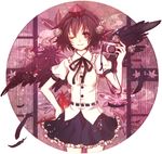  ;) bad_id bad_pixiv_id bird_wings black_hair black_ribbon black_skirt black_wings bow bowtie camera circle collared_shirt cowboy_shot fan feathers frilled_skirt frills hand_on_hip hat hauchiwa looking_at_viewer nozomi_fuuten one_eye_closed puffy_short_sleeves puffy_sleeves red_eyes ribbon shameimaru_aya shirt short_hair short_sleeves skirt smile solo tokin_hat touhou white_shirt wings 