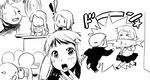  +_+ 1boy 2girls agrias_oaks alternate_costume bad_id bad_pixiv_id blush comic contemporary final_fantasy final_fantasy_tactics fish greyscale monochrome multiple_girls ovelia_atkascha running school_uniform serafuku silent_comic surprised swordfish tsukudani_(coke-buta) what 