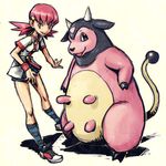  akane_(pokemon) gen_2_pokemon gym_leader horns lowres meimaru_inuchiyo miltank pink_eyes pink_hair pokemon pokemon_(creature) pokemon_(game) pokemon_hgss socks striped striped_legwear twintails udder 