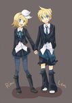  1girl bad_id bad_pixiv_id blonde_hair blue_legwear blue_neckwear brother_and_sister hair_ribbon kagamine_len kagamine_rin matsyumaro necktie pantyhose ribbon short_hair shorts siblings skirt striped striped_legwear twins vocaloid 