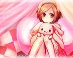  :3 artist_request brown_hair bunny dress meiko pink red red_eyes short_hair solo stuffed_animal stuffed_bunny stuffed_toy toy vocaloid younger 