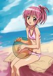  ball beachball bikini blush day hinamori_amu makacoon pink_hair ponytail see-through shugo_chara! skinny smile solo swimsuit yellow_eyes 