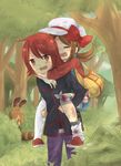  1girl bad_id bad_pixiv_id bag bandages blood blush brown_hair carrying forest gen_2_pokemon hat hat_ribbon injury kotone_(pokemon) misato_(moimoi) nature piggyback pokegear pokemon pokemon_(creature) pokemon_(game) pokemon_hgss red_eyes red_hair red_ribbon ribbon scrape sentret silver_(pokemon) tears thighhighs 