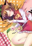  animal_ears bad_id bad_pixiv_id ball blush brown_hair cat_ears cat_tail chen closed_eyes fingernails hat legs lying mouse nail_polish on_side pillow pink_nails shie_(m417) short_hair sleeping solo tail touhou 