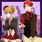  1girl bad_id bad_pixiv_id beatrice blonde_hair blue_eyes blush double_scoop food hair_ornament ice_cream ice_cream_cone kinatsu_souju necktie open_mouth pink_neckwear red_hair sitting thighhighs umineko_no_naku_koro_ni ushiromiya_battler zettai_ryouiki 